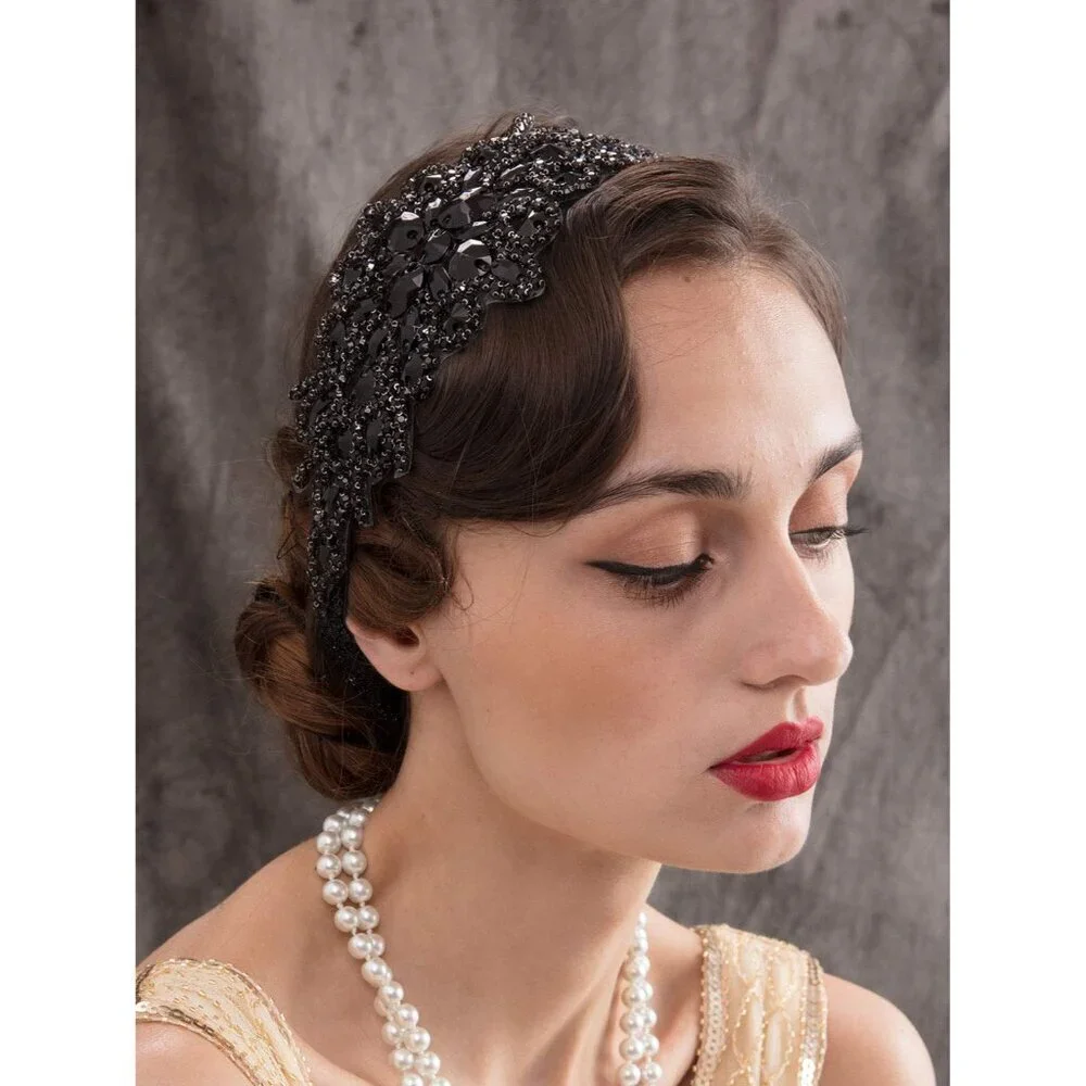Black Rhinestone Flapper Headband Elastic 1920s Hair Accessories for Women